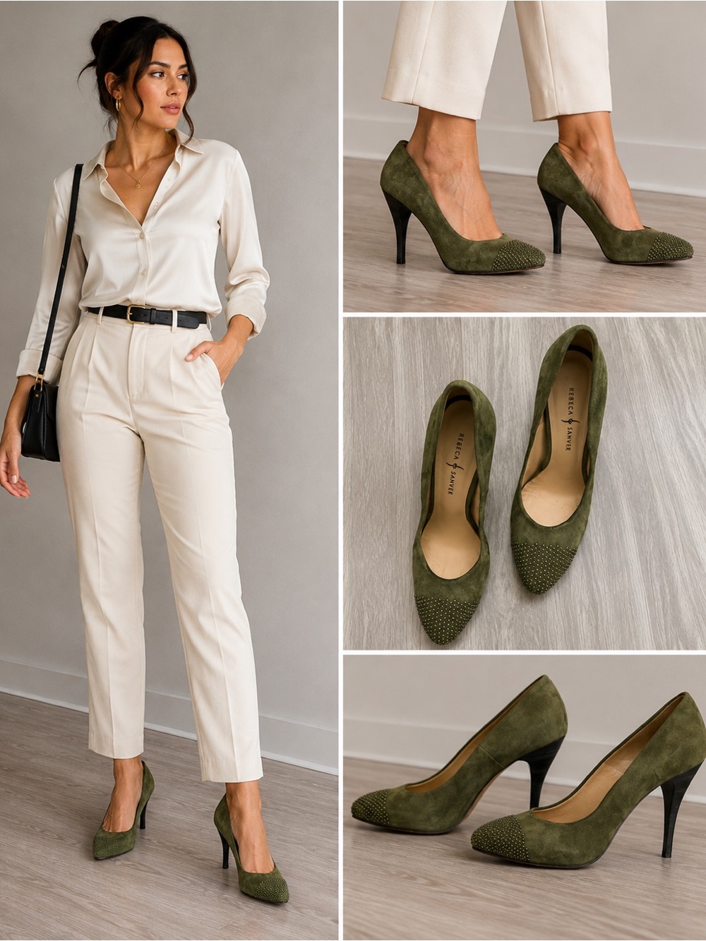 Rebeca Sanver Olive Green Suede Studded Toe Stiletto Heels EU 40